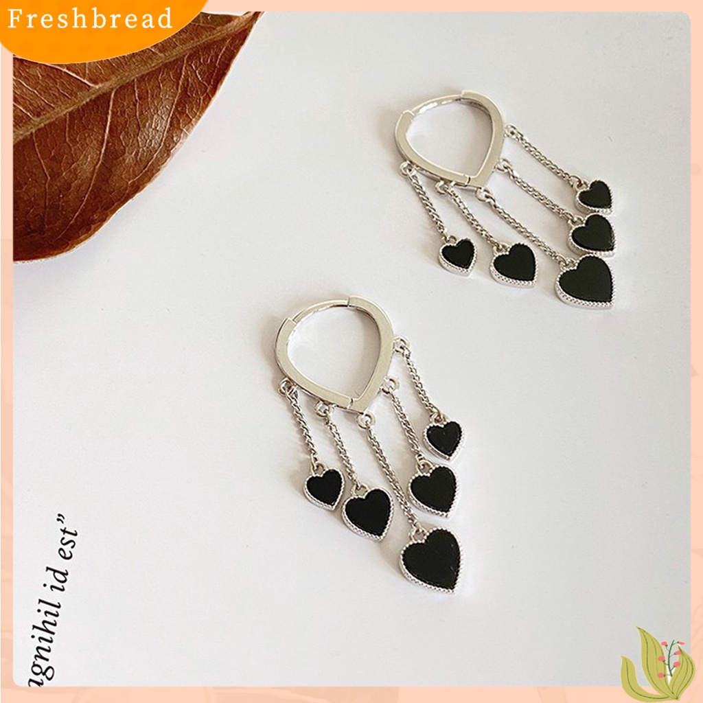 &lt; Freshbread &gt; 1pasang Anting Menjuntai Gaya Korea Elegan Temperamen Paduan Hati Hitam Wanita Drop Earrings Fashion Jewelry