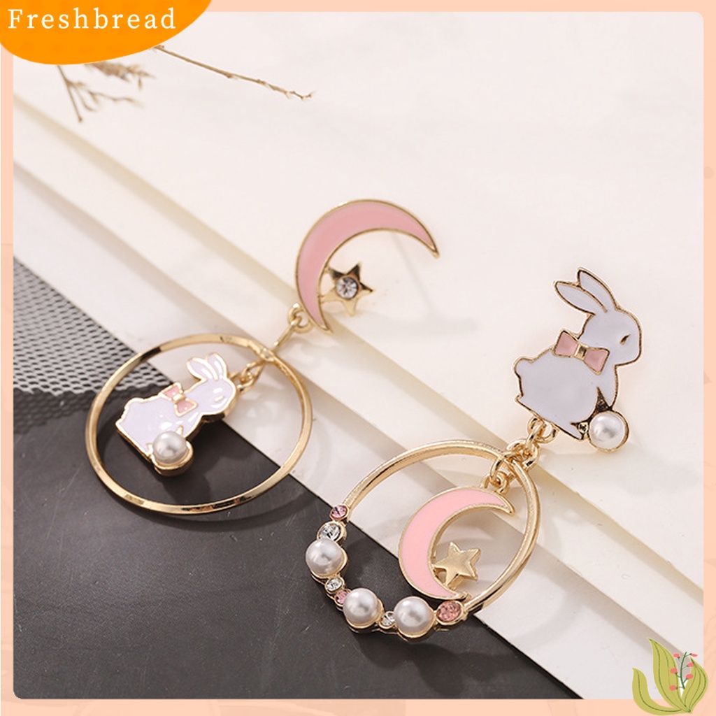 &lt; Freshbread &gt; 1pasang Stud Earrings Dissymmetry Cincin Berongga Berlian Imitasi Mutiara Imitasi Hadiah Kartun Kelinci Bulan Bintang Gadis Drop Earrings Fashion Perhiasan