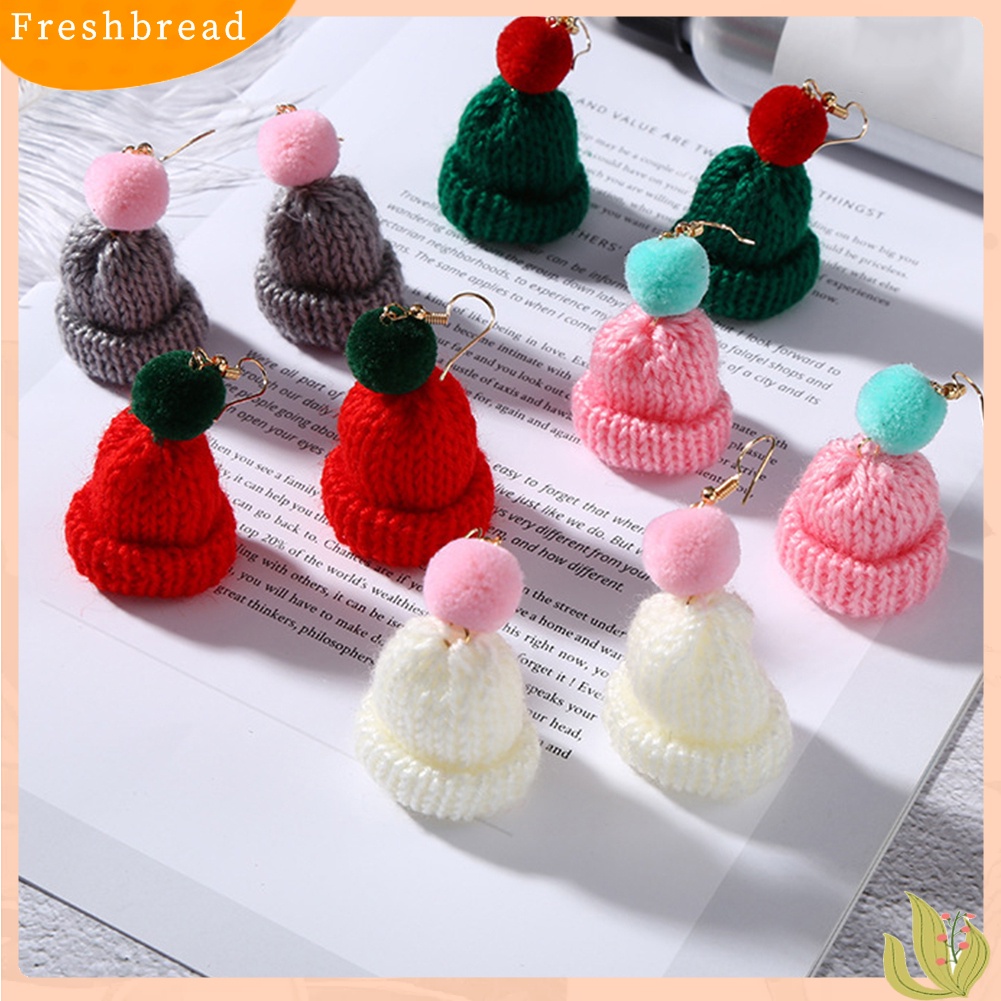 &lt; Freshbread &gt; Wanita Manis Pompom Topi Kupluk Menjuntai Klip Kait Anting Hadiah Perhiasan Natal