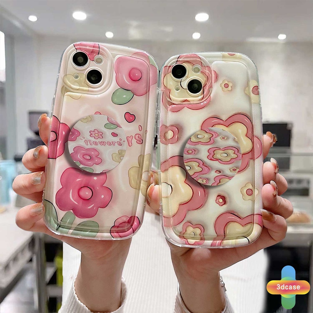 Compatible For Case IPhone 12 11 13 14 PRO MAX 6 7 6S 8 14 Plus X XR XS MAX 11 12 13 Se 2020 6SPlus 7Plus 6Plus 8Plus 14Plus XSMAX Ins Pink Flowers Camera Lens Protection Soap Case With Stand