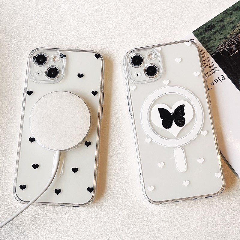 IPHONE Soft case Telepon Transparan Magnetik Untuk Iphone14 13 12 11 Pro Max love heart butterfly