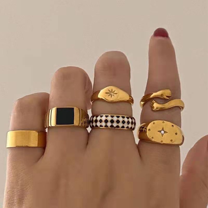 6pcs/set Cincin Set Geometris Bintang Gilding Bahan Alloy Korea Untuk Anak Perempuan
