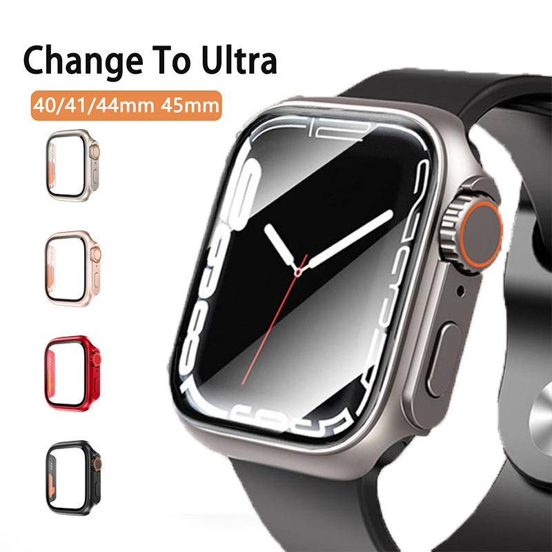 Cover Pelindung Layar Untuk Apple Watch CaSE 45mm 41mm Series8 7pc Watch Cases+Tempered Glass Change To Ultra Style Untuk iWatch Series6 5 4 se 40mm 44mm