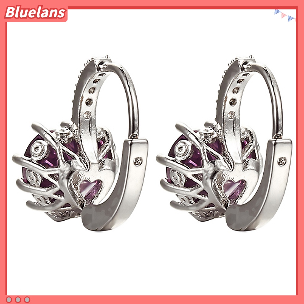 {In Stock} Wanita Elegan Ungu Bentuk Hati Berlian Imitasi Berlapis Emas Leverback Hoop Earrings