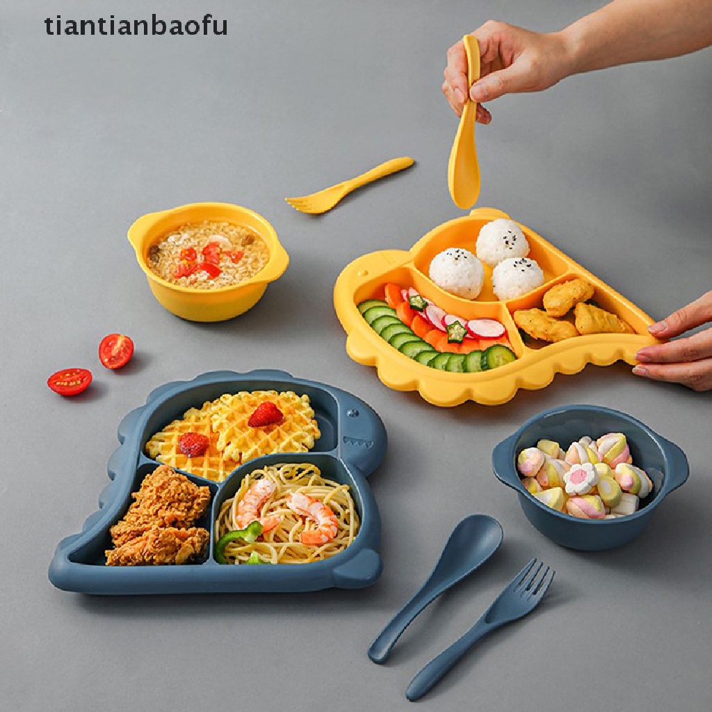 [tiantianbaofu] 4pcs/set Peralatan Makan Bayi Dinosaurus Anak Piring Makan Grid Piring Makan Butik