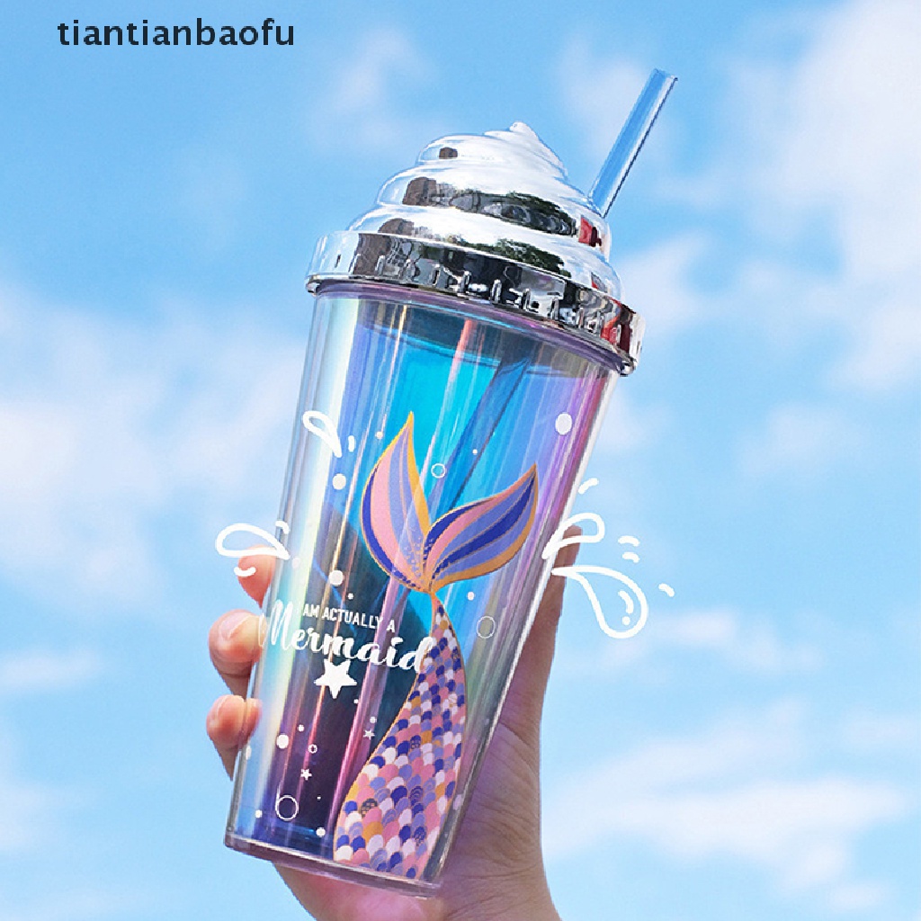 [tiantianbaofu] 420ml Cangkir Air Dengan Sedotan Double Wall Insulasi Panas BPA Free Anti Bocor Perlengkapan Minum Plastik Motif Mermaid Sippy Cup Butik