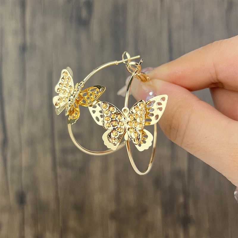 Anting Hoop Menjuntai Kupu-Kupu Untuk Wanita Perempuan Cubic Zirconia Big Gold Hoops Click Earring