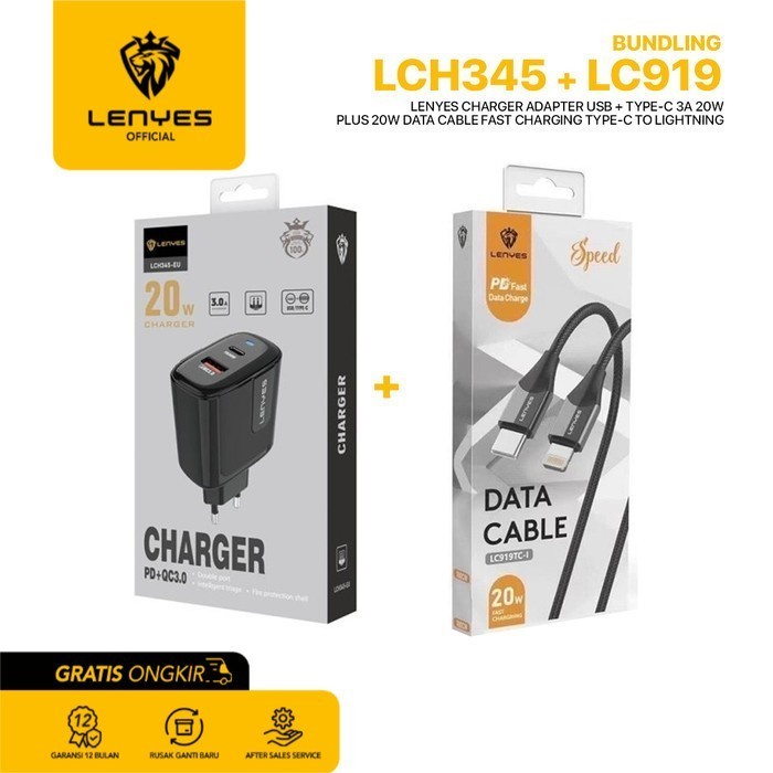 Lenyes LCH345 + LC919 Charger Handphone + Data Cable Paket Bundle original kabel cable casan travel charger tc android usb charger micro usb type c batok kepala charger