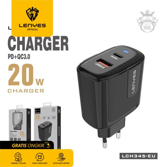 Lenyes LCH345 EU Kepala Charger Adaptor USB+TypeC Slot 3A 20W Original - Black original kabel cable casan travel charger tc android usb charger micro usb type c batok kepala charger