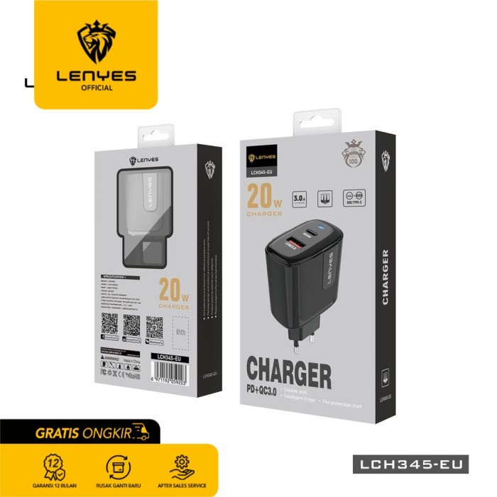 Lenyes LCH345 EU Kepala Charger Adaptor USB+TypeC Slot 3A 20W Original - Black original kabel cable casan travel charger tc android usb charger micro usb type c batok kepala charger