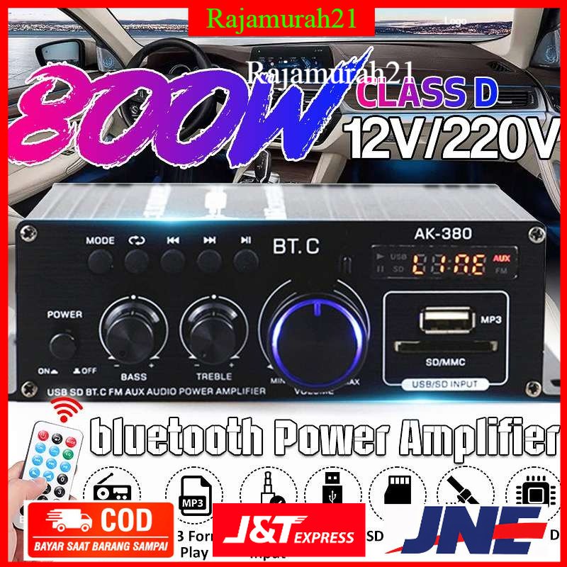 Leory Penguat Daya Audio Bluetooth Mobil Car Audio Power Amplifier 12V 800W - AK380 - Black - DASK04BK