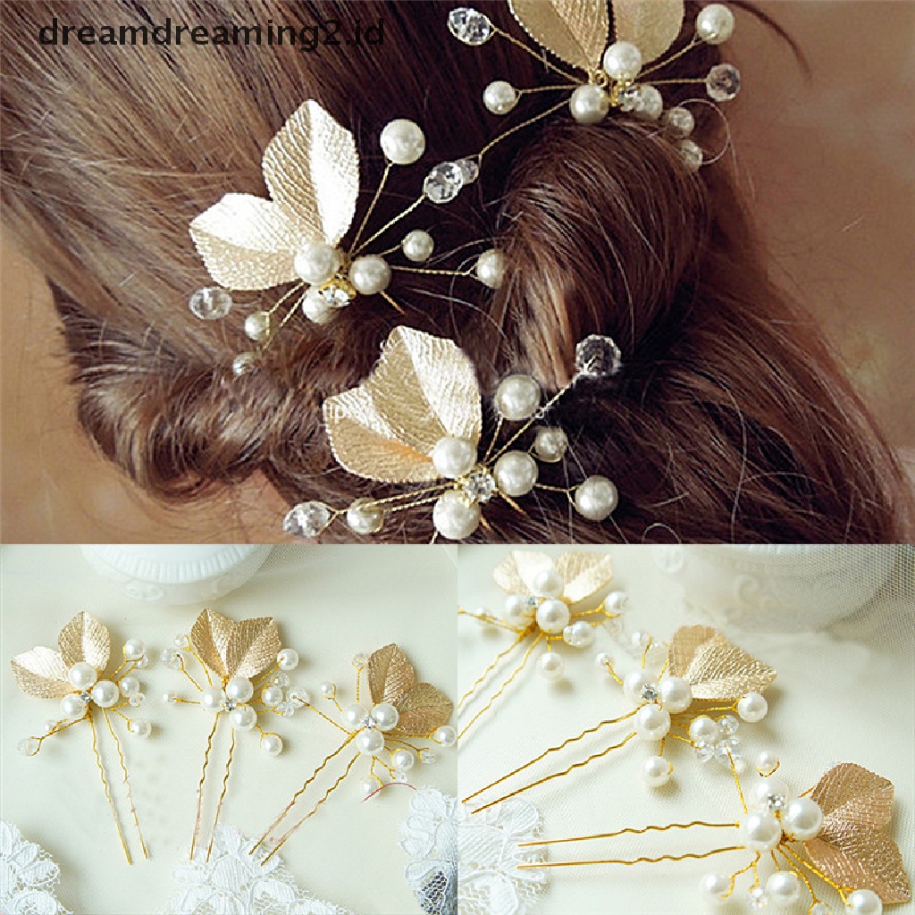 (hot) 4 Pcs Wanita Bridal bridesmaid Mutiara Emas Daun Headpiece Rambut Pin Jepit Rambut Pernikahan//