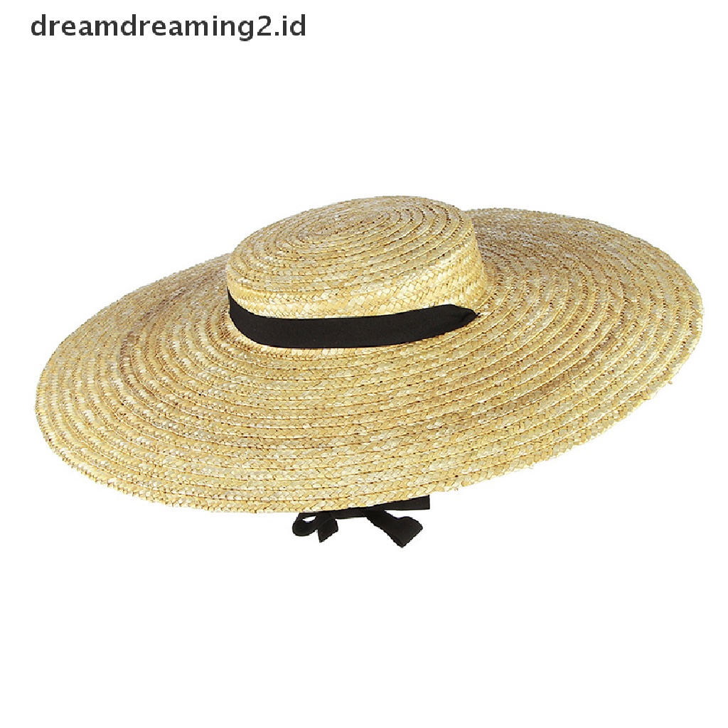 (hot) Topi Jerami Pinggiran Lebar Untuk Wanita Pita Panjang Ladies Beach Hat Summer Sun Visor Cap//