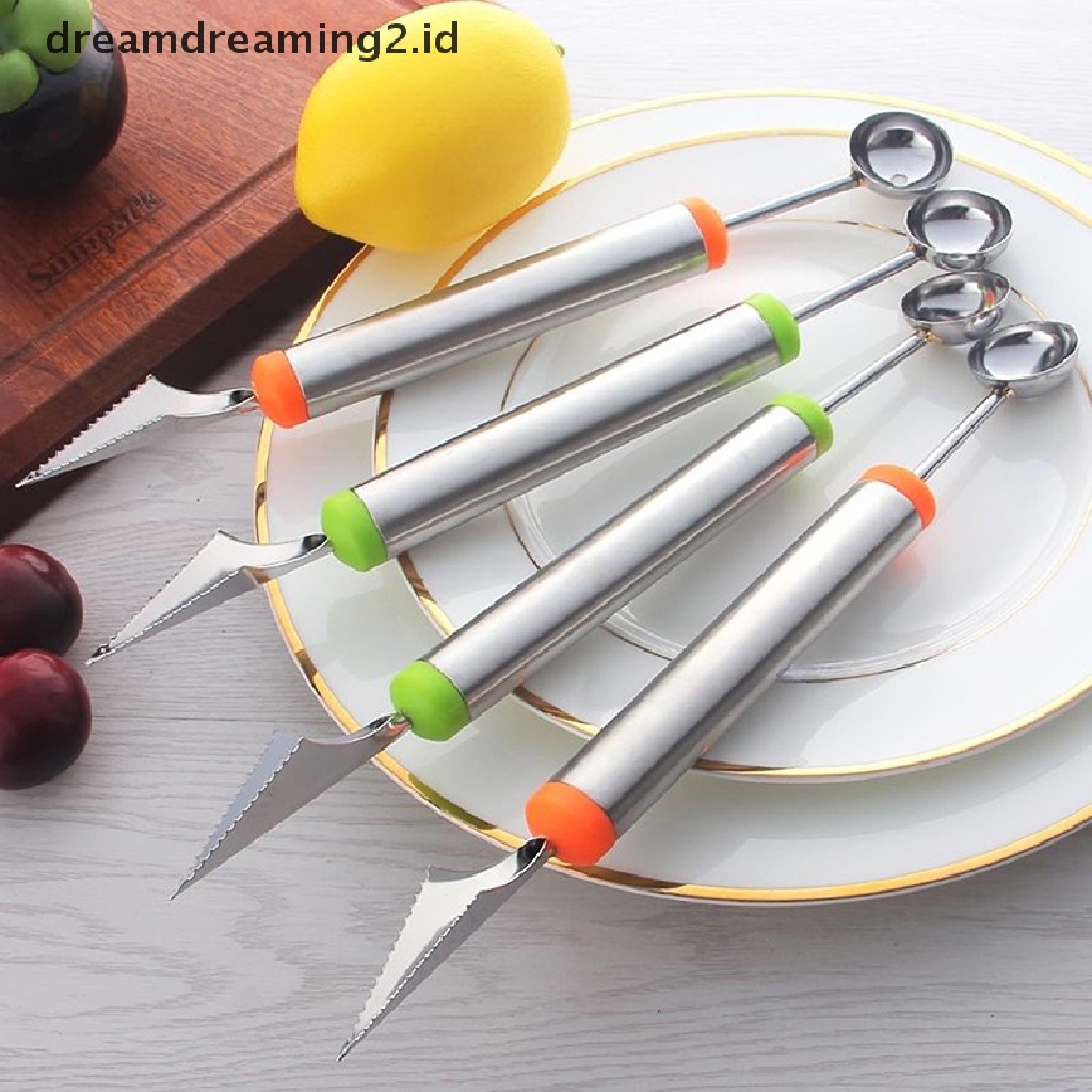 (hot) New Stainless Steel Ice Cream Double-End Scoop Spoon Melon Baller Cutter Buah Sendok Scoop Ice Cream Melon Buah Stainless Steel Baru Melon Baller Pemotong Ukir Stainle Panas