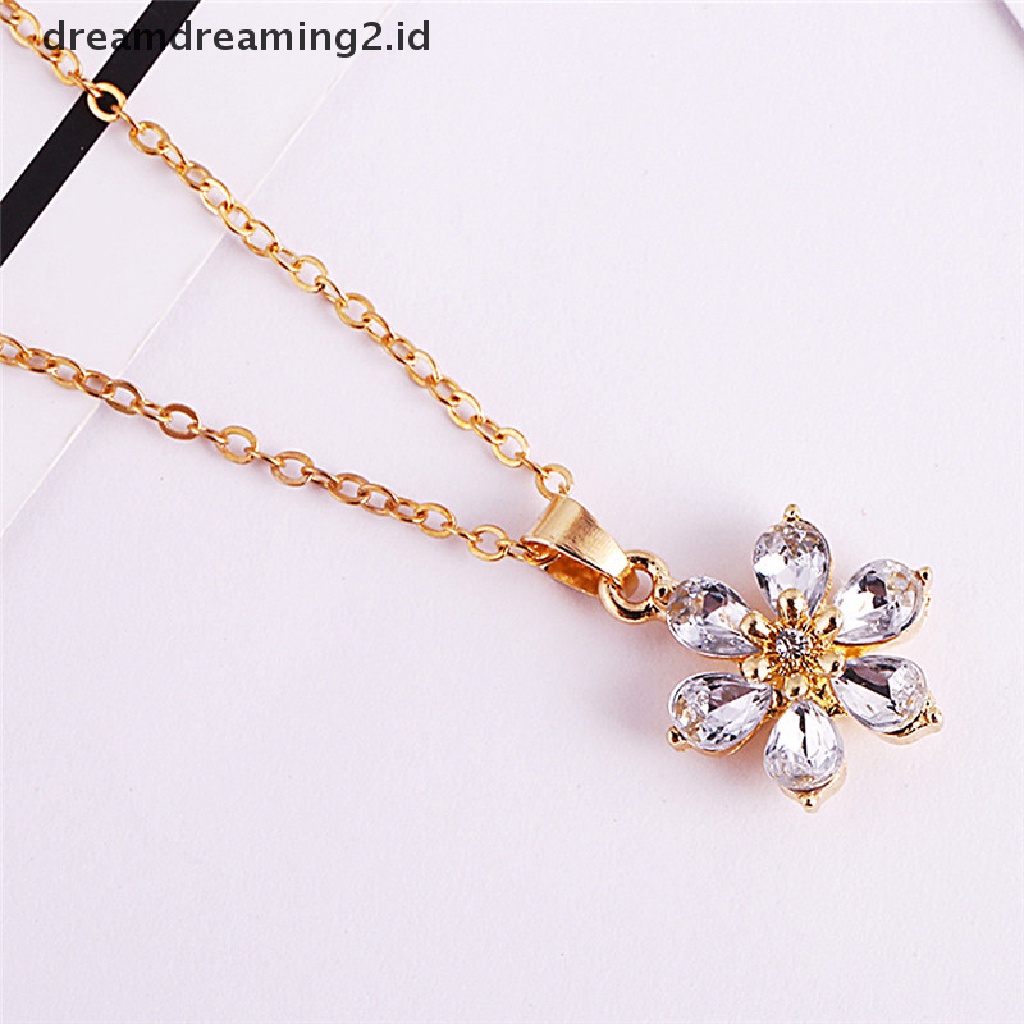 (hot) Fashion Set Perhiasan Berlapis Emas Berlian Imitasi Bunga Liontin Kalung Anting Set Perhiasan//