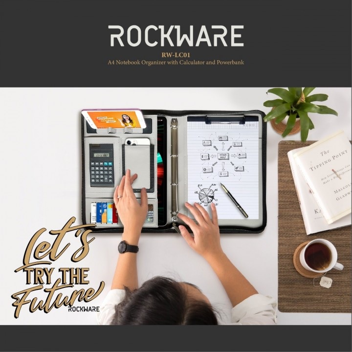 

ROCKWARE RW-LC01 - A4 Notebook Organizer with Calculator and Powerbank - Organizer Dokumen A4 Lengkap Dengan Kalkulator Powerbank dan Phone Holder