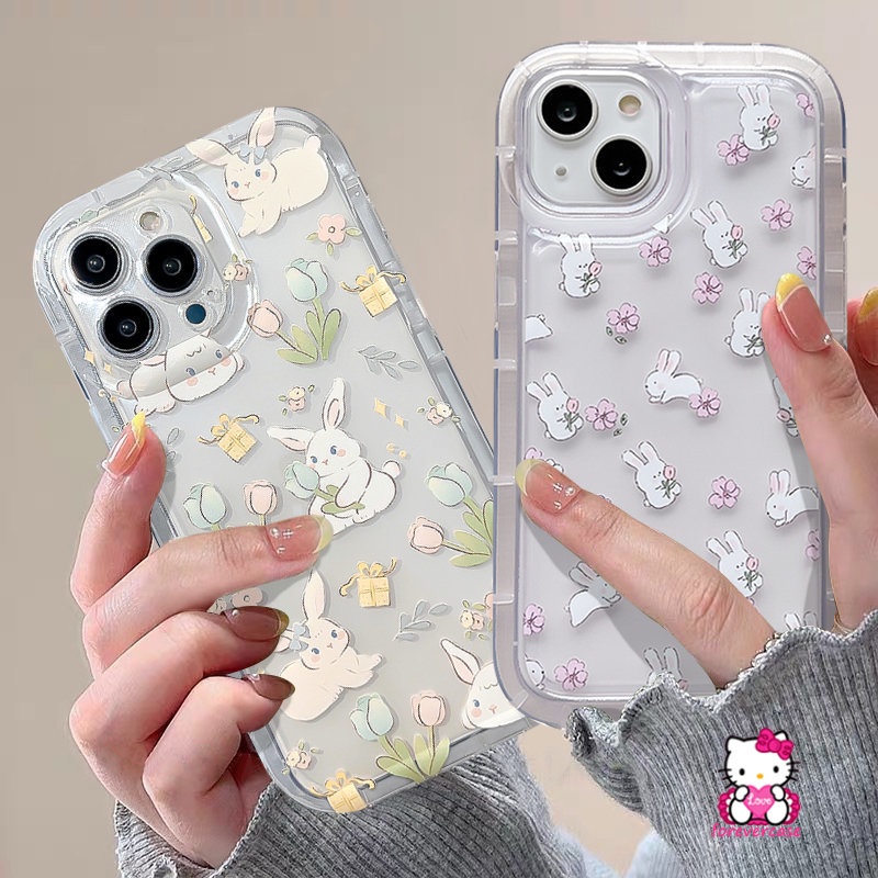IPHONE Ins Bunga Segar Lucu Kartun Kelinci Case Kompatibel Untuk Iphone11 13 12 14 Pro MAX XR 6 6S Plus 7Plus 8Plus XS X MAX Airbag Shockproof Transparan Lembut Kawaii Phone Shell Case