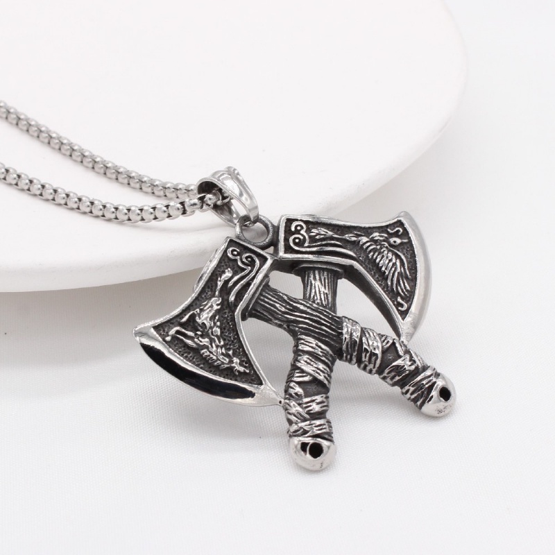 [X C Kalung] Pria Kalung Viking Tomahawk Baja Titanium Liontin Hip Hop Punk Gothic Vintage Fashion Perhiasan Aksesoris