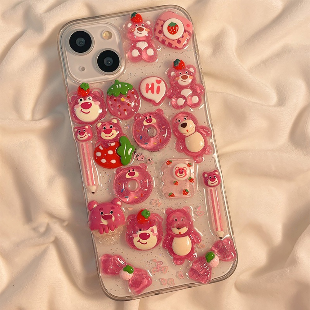 IPHONE Lucu Permen Jelly Warna 3D Strawberry Bear Phone Case Untuk Iphone14 13 12 11 Pro Max Cases Lembut Glitter Transparan Cover