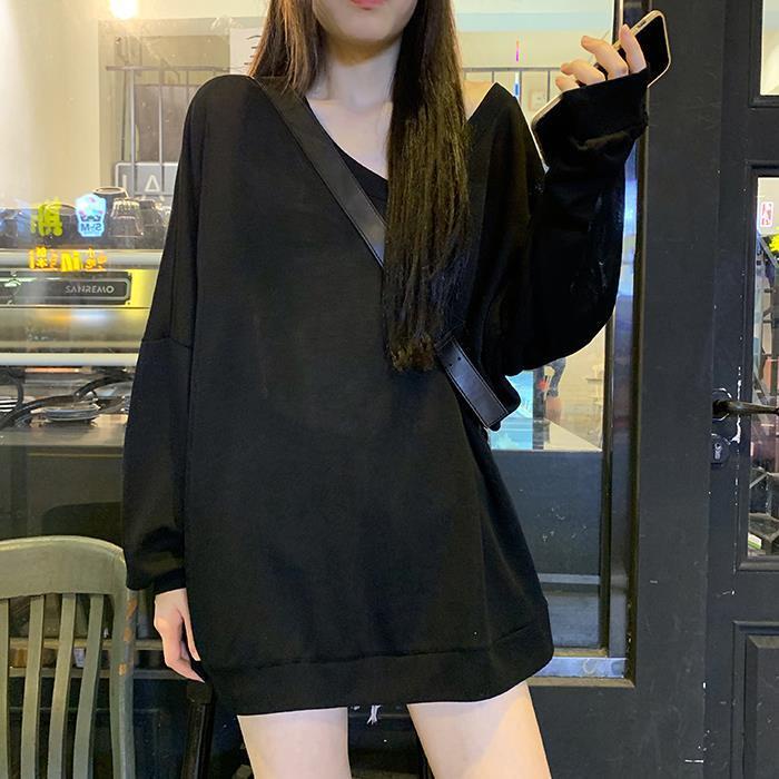 Red T-shirt lengan panjang pakaian perlindungan matahari wanita Atasan gaya Hong Kong versi Korea V-neck temperamen longgar setengah panjang kemeja bottoming gaya malas untuk wanita