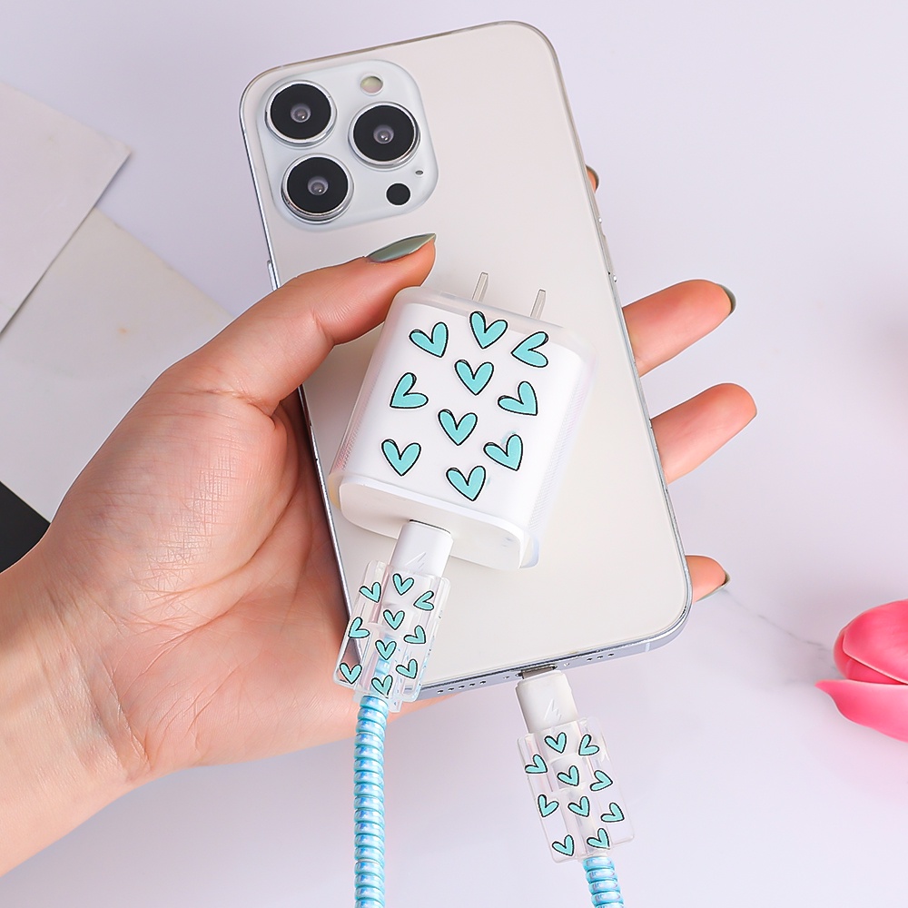 [Unggulan] Cute Love Print Fast Charger Protector Handphone Fast Charger Protector Shell Penutup Pelindung Kabel Kabel USB Kompatibel Untuk Charger iphone 18/20W