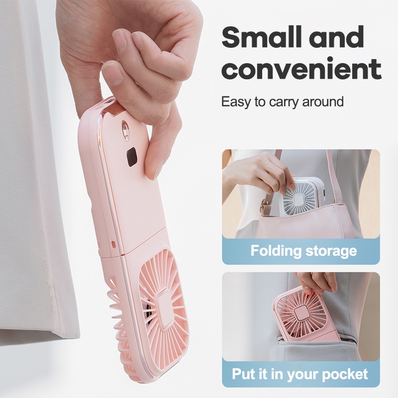 Kipas Angin Mini Fan Foldable Portable Neck Hanging Fan 5000mAh USB Adjustable Rechargeable Air Cooler Phone Holder