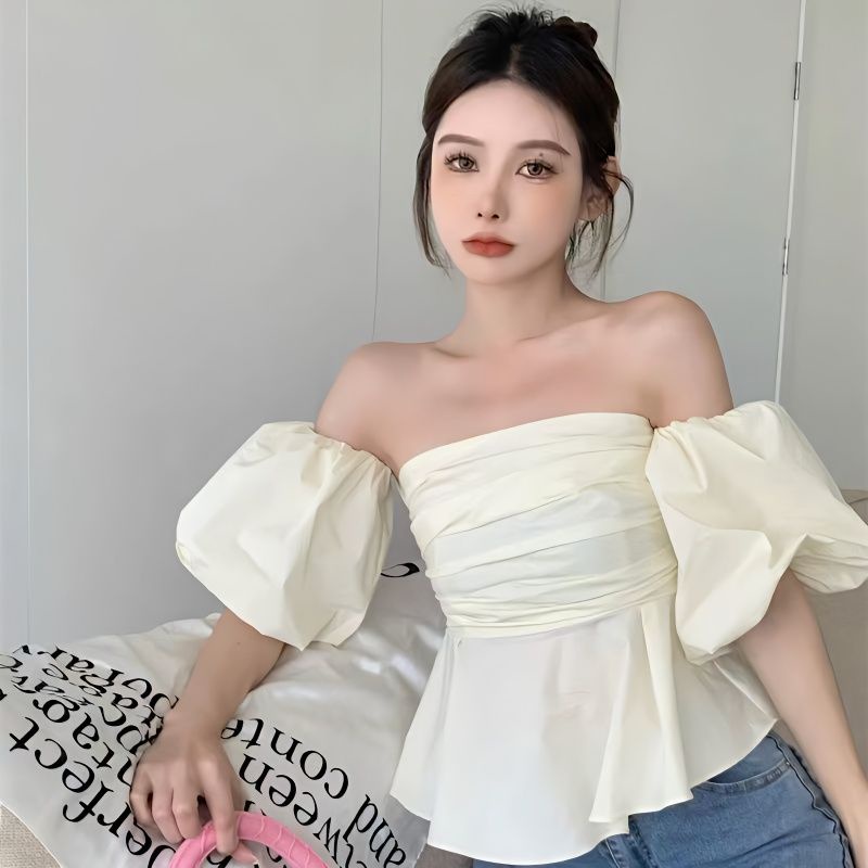 Red High-end French one-shoulder puff sleeves Korea chic chic top summer design sense female niche shirt