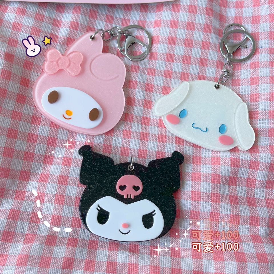 CERMIN BULAT + GANTUNGAN KUNCI SANRIO PORTABLE MOTIF KARTUN CINNAMOROLL KUROMI MELODY / KACA BULAT SANRIO PREMIUM HIGH QUALITY / CERMIN BULATT AESTHETIC LUCU