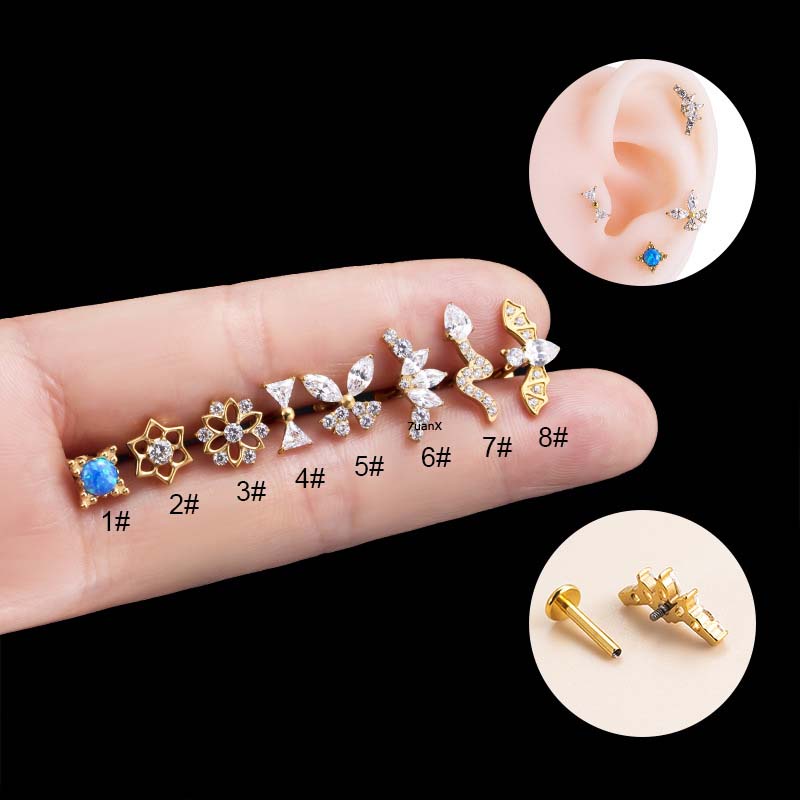 1biji G23 Baja Titanium Ulir Internal Kepala Datar Bibir Stud Helix Lobe Pinna Tragus Anting Tindik 16Gauge Perak Emas