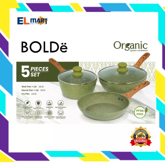 Bolde Organic Green Pan Set 5pc Panci Wajan Anti Lengket Dengan Tutup