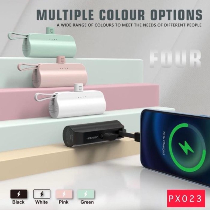 Powerbank LENYES PX023 5000mAh Konektor iPhone Kabel Type C Colorful Two Interface Quick Charge PB Pocket