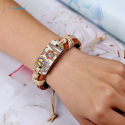 Lilyscent Wanita Pria Vintage Gaya Punk Pyrograph Peace Sign Charm Infinity Bangle Gelang