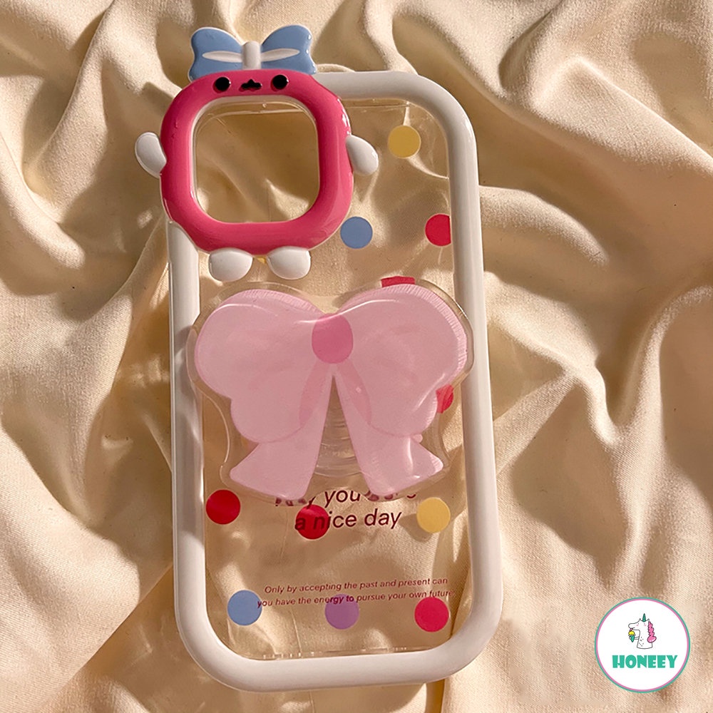 IPHONE 3d Lovely Bow Kamera Ring Handphone Case Untuk Iphone11 14 13 12 Pro Max 14plus Cute Polkadot Armor Back Cover