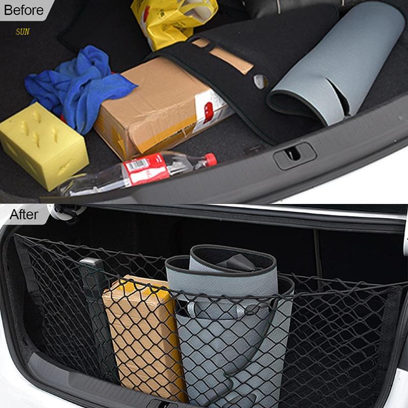 Sun 90x40cm Jaring Hitam Organizer Bagasi Mobil String Bag Jaring Mesh Elastis Gaya Amplop Untuk Travel Untuk Tur