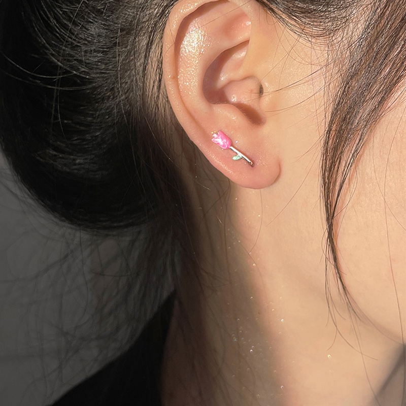 Papaozhu Elegan S925 Perak Merah Muda Tulip Anting Kait Untuk Wanita Gadis Temperamen Bunga Manset Anting-Anting Manis Telinga Perhiasan Pacaran Pakaian Sehari-Hari