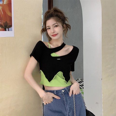 Red Desain sense hot girl hit color sexy two-piece top slim fit all-match off-shoulder off-shoulder all-match lengan panjang T-shirt wanita