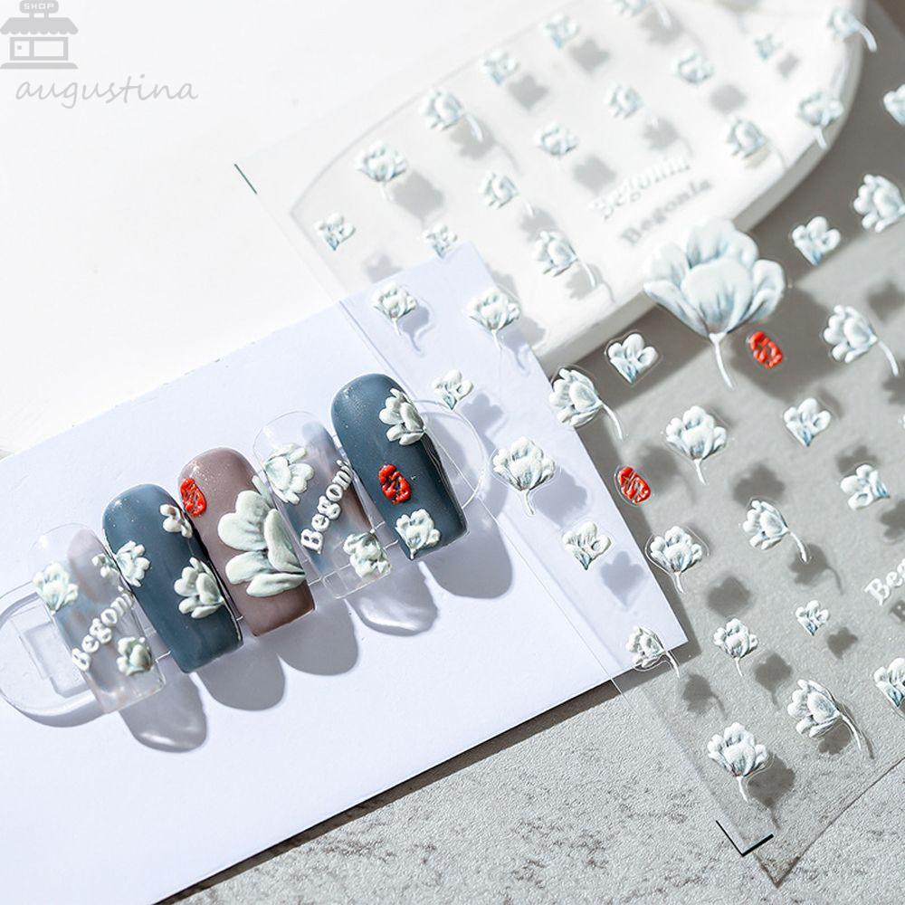 Agustina Bunga Stiker Kuku Hati 3D Relief Pelangi Tulip Self Adhesive Nail Art Dekorasi