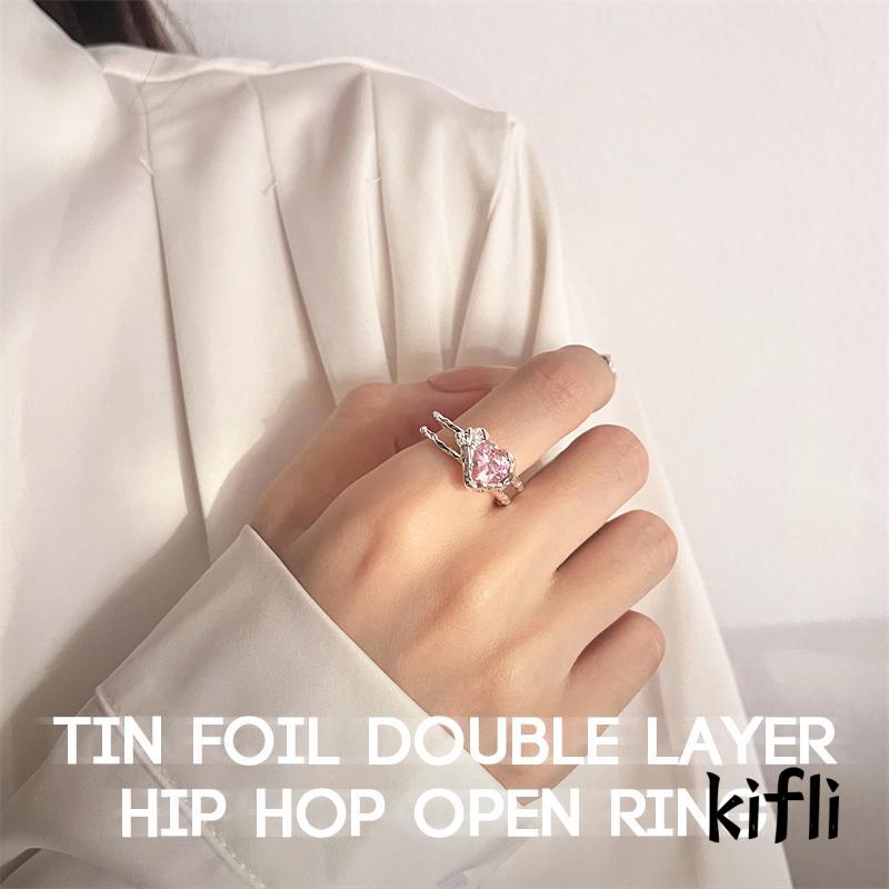 [KD] Fashion Wanita Timah Foil Tekstur Manis Dingin Cinta Zirkon Cincin Lapisan Ganda Hip Hop Terbuka Cincin