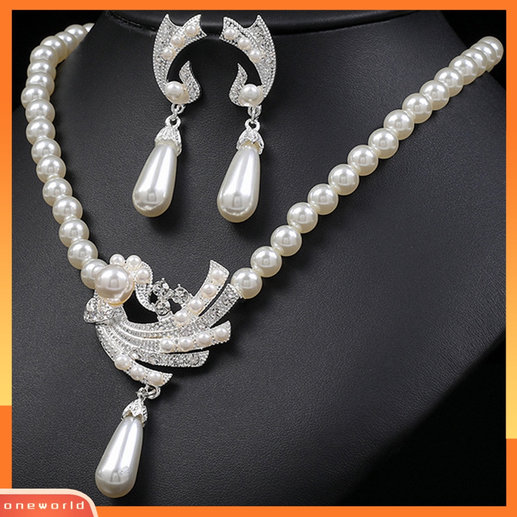 [ONE] 1set Wanita Anting High Gloss Electroplating Shiny Extension Rantai Eye-catching Dekorasi Cantik Berlian Imitasi Mutiara Imitasi Kalung Perhiasan Aksesori