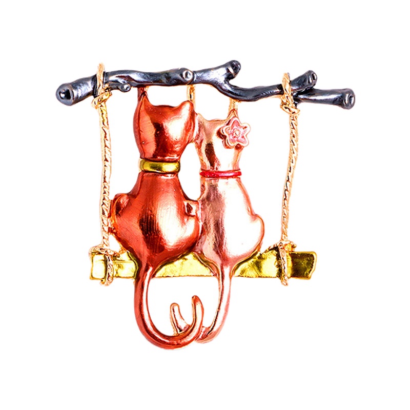 Pasangan Kucing Bros Untuk Wanita Enamel Kartun Berayun Kucing Hewan Pesta Casul Brooch Pins