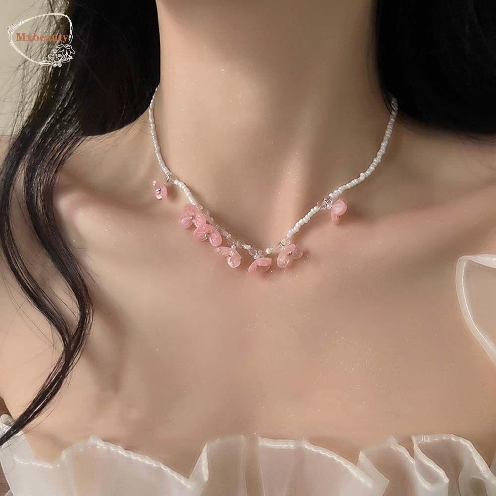 Mxbeauty Kalung Manik Padi Vintage Gadis Sederhana Klavikula Rantai Mutiara Kecil Musim Panas Kalung Kristal Kalung Bunga