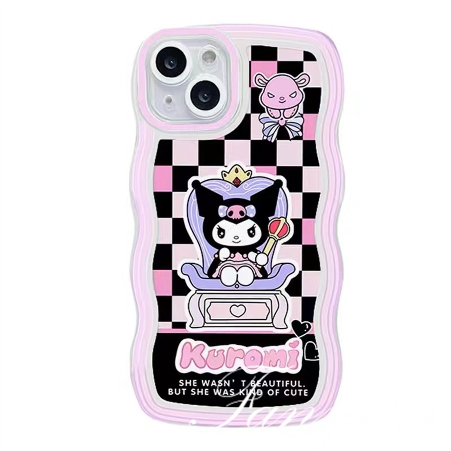 Compatible For iPhone 14 13 12 11 Pro Max X XR Xs Max 8 7 6 6s Plus SE 2020 Kompatibel Untuk Kartun Lucu Kuromi Check Wave Frame Phone Case TPU Soft Cover Pelindung Dengan Bracket