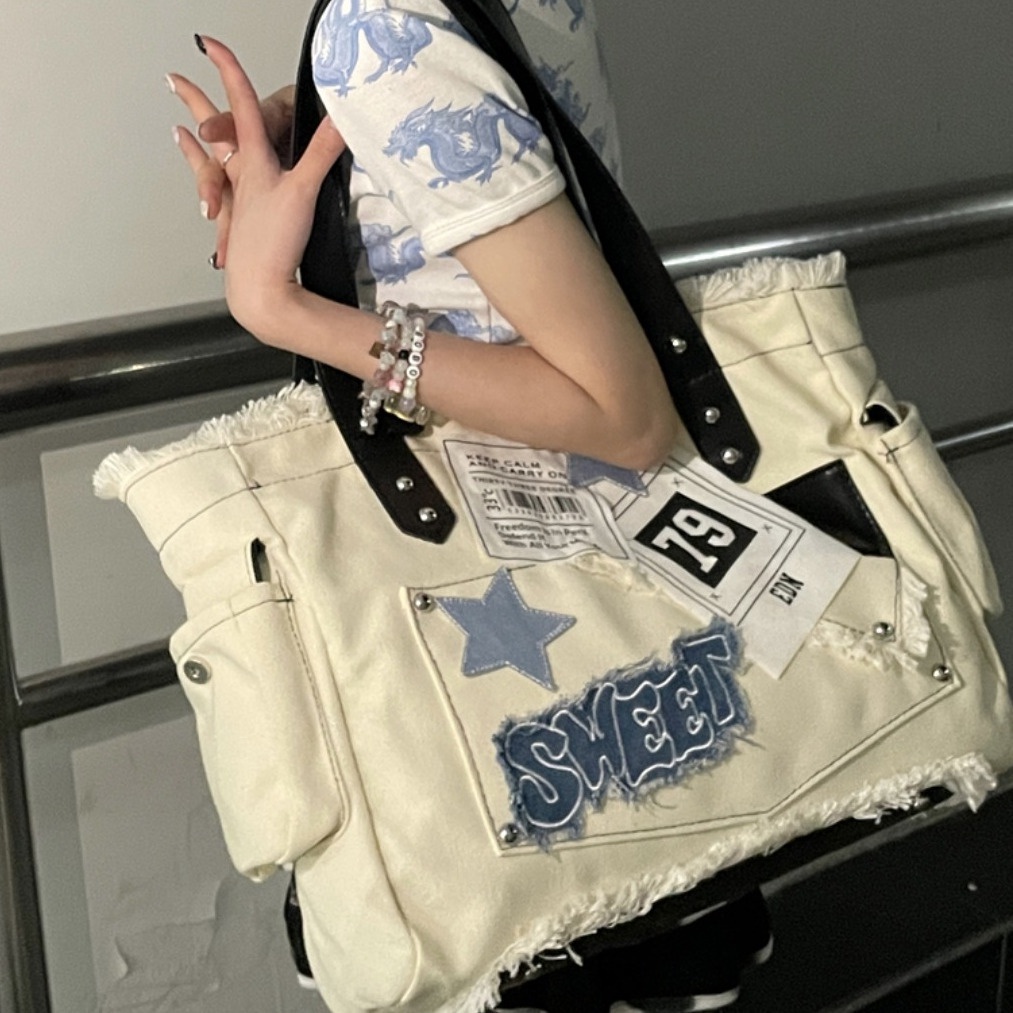 △❏Sera 2023 Original Tote Bag Star Niche Manis Keren Y2K Kapasitas Besar Kanvas Yabi Commuter Portable Tas Bahu