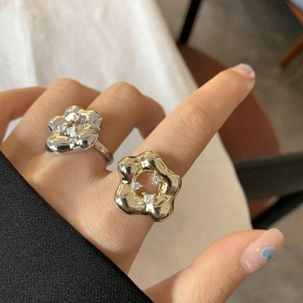 Mxbeauty Cincin Gaya Korea Berongga Pembukaan Kepribadian Berkilau Pentagram Perak Disepuh Perhiasan Wanita