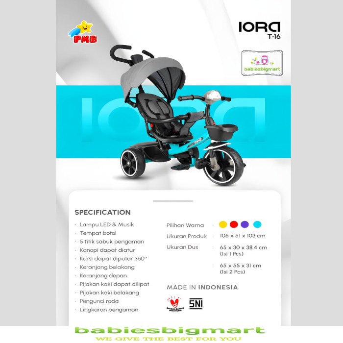 Sepeda Anak Roda 3 Tiga Pmb Iora T 16 Sepeda Stroller Bisa Atur Sandar Multifungsi Terbaru