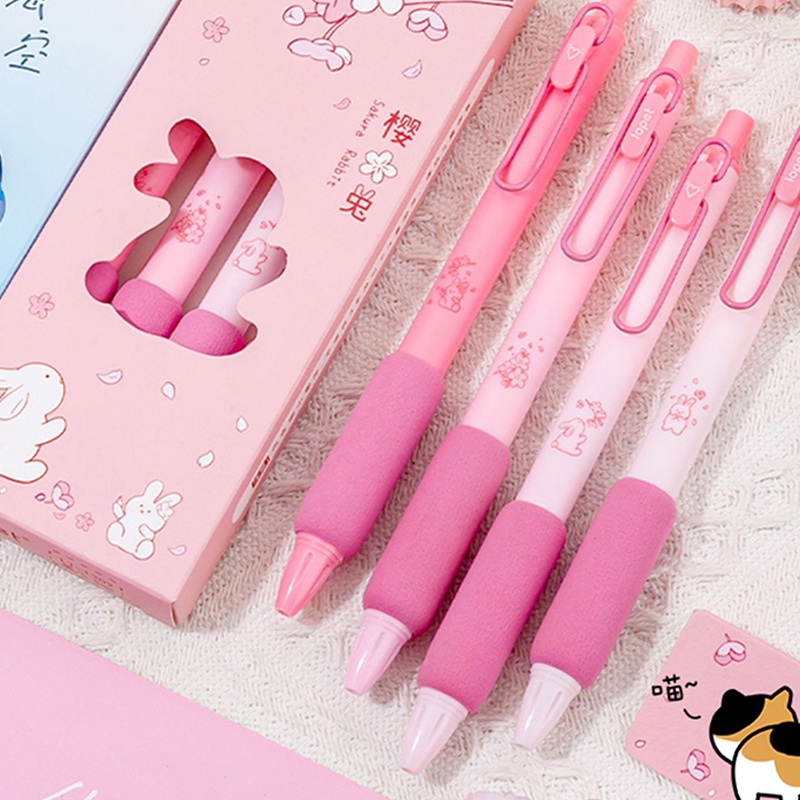 4pcs Kotak 0.5mm Pink Sakura Series Soft Grip Gel Pen Mahasiswa Tinta Hitam ST Nib Pena Ditarik