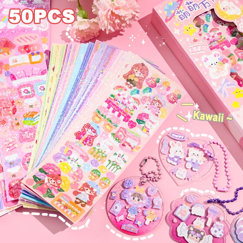 50pcs Stiker Glitter Lucu DIY Bahan Sticker Untuk Dekorasi Idol Photocard Lengan Album Gadis Jurnal Scrapbook Dekorasi Sticker