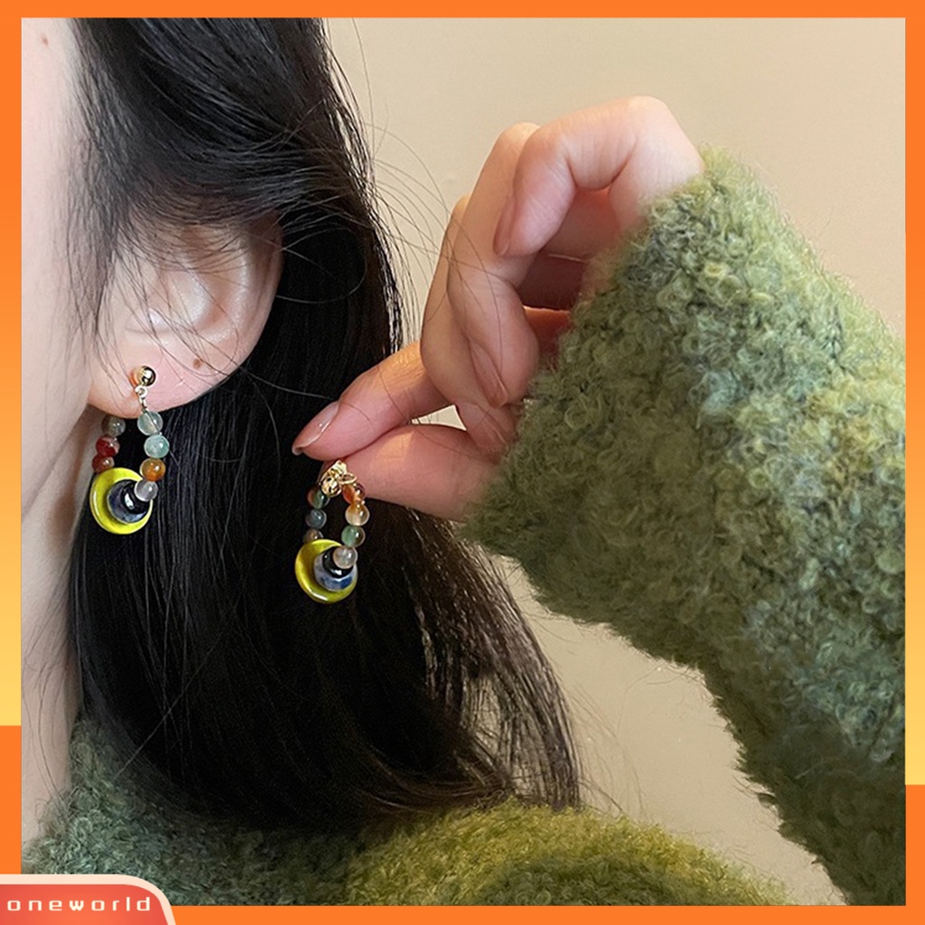 [EONE] 1pasang Ear Studs Vintage Gaya Etnik Manik-Manik Berwarna Electroplating Glossy Dress Up Hypoallergenic Alloy Hoop Stud Menjuntai Anting Fashion Perhiasan