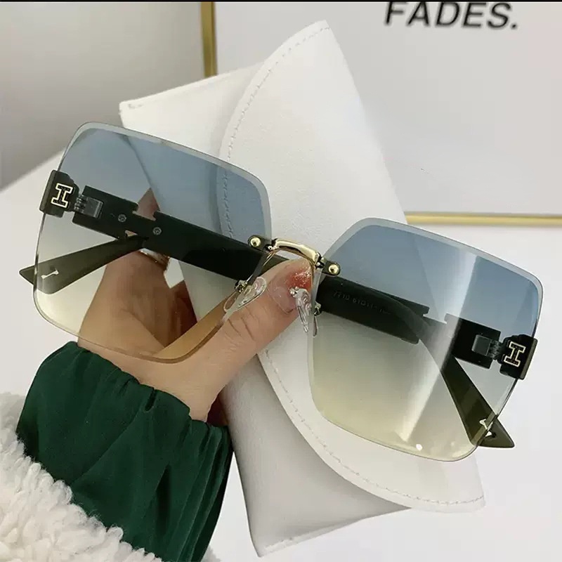 (YUZHU) Korea Fashion H Rimless Sunglasses Untuk Wanita Mode Baru Gradien Warna Pantai Kerai Kacamata Hitam