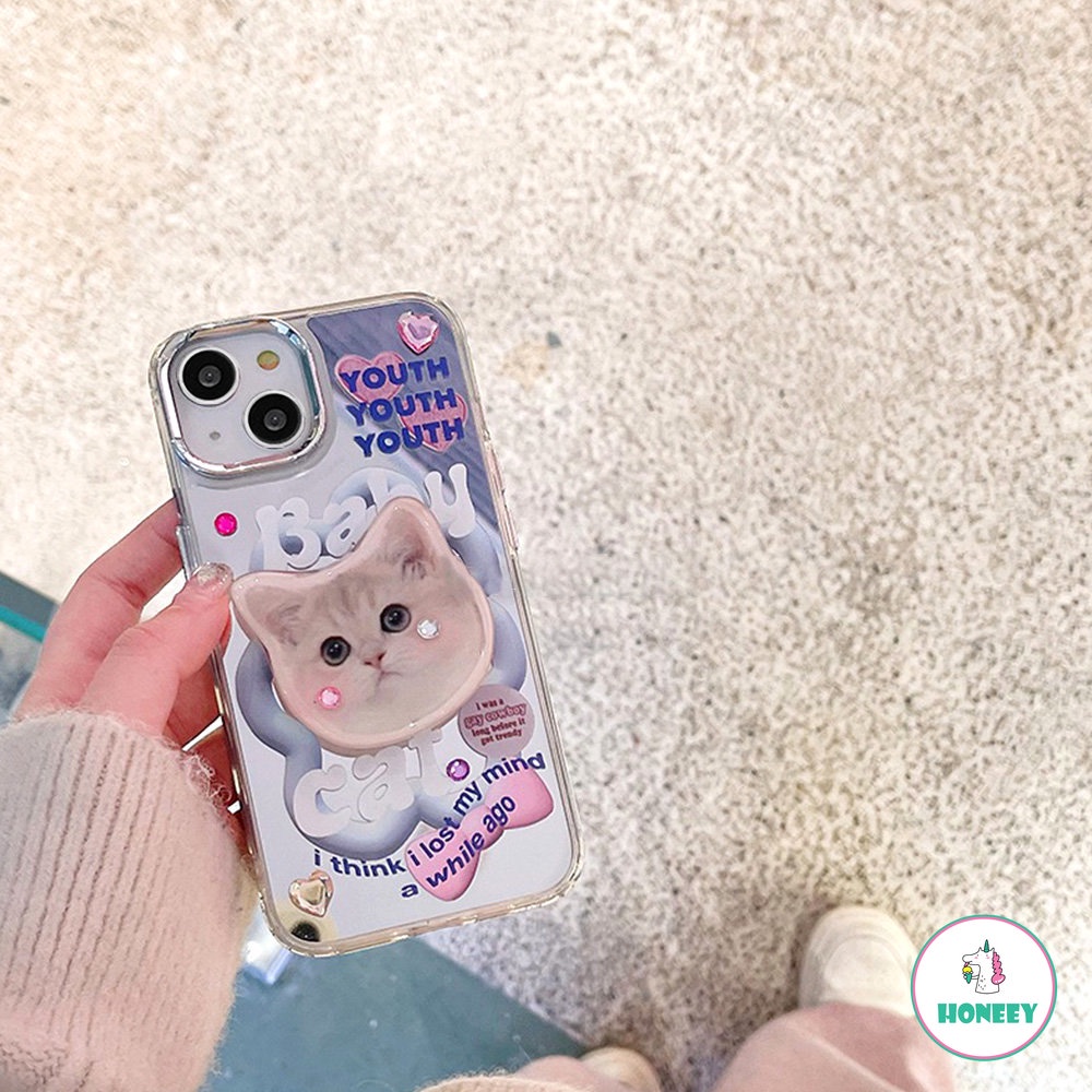 Mirror Lovely Kitty Cat Grip Holder Phone Case Untuk iPhone 14 ProMax 13 12 Pro Max11 Cases Wanita Lucu Bracket Stand Soft Cover